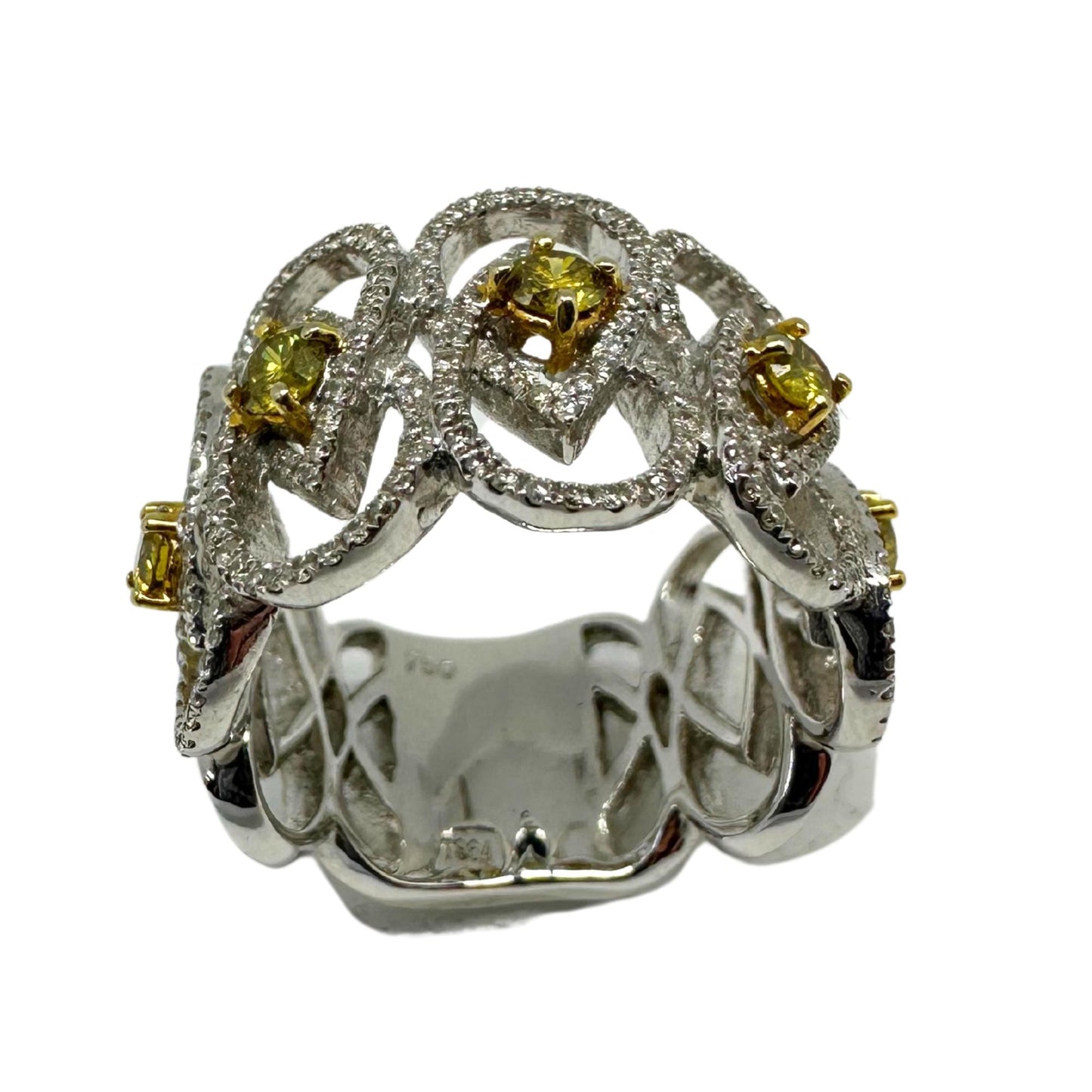 18K White Gold White and Yellow Diamond Wide Band Ring