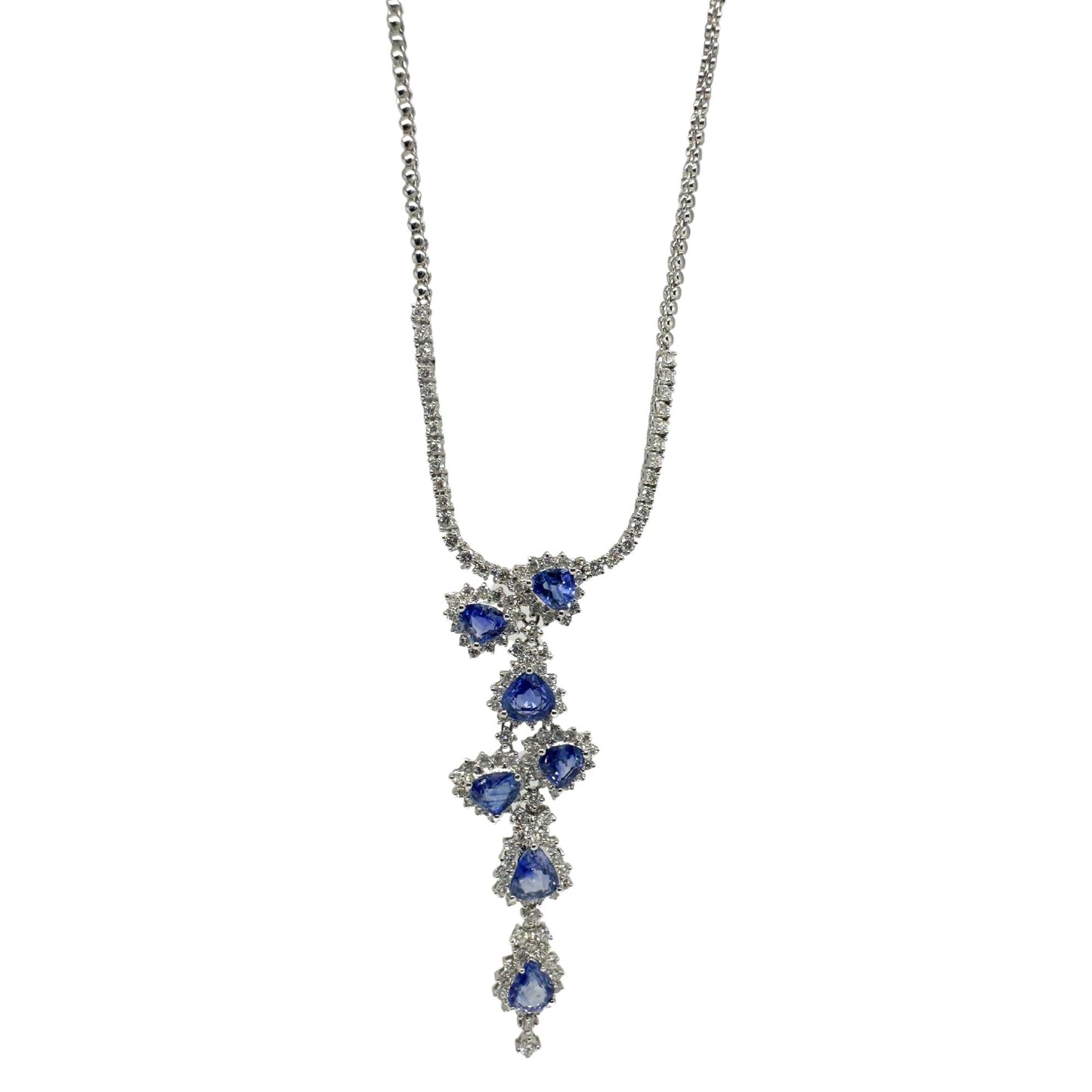 18K White Gold Diamond and Sapphire Y Necklace