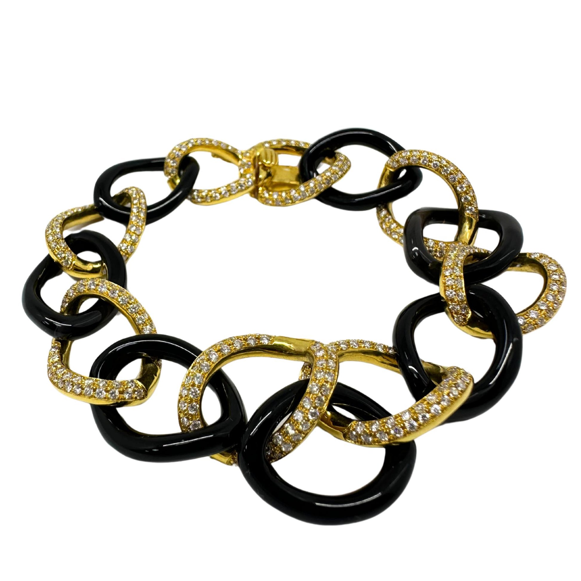 18K Yellow Gold Diamond and Onyx Link Bracelet