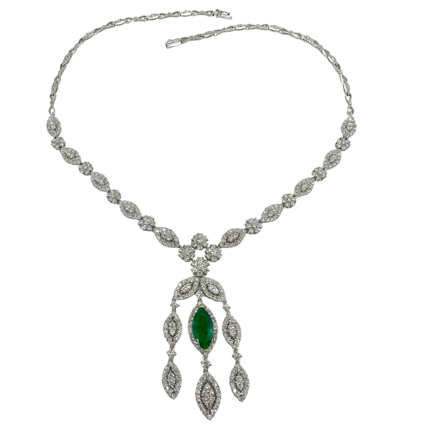 18K White Gold Diamond and Marquise Cut Emerald Drop Necklace
