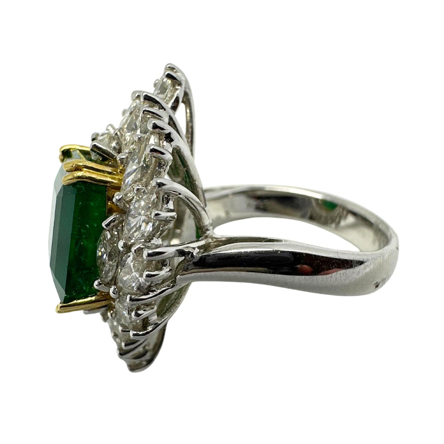 18k Two Tone Marquise Cut Diamond and Emerald Ring
