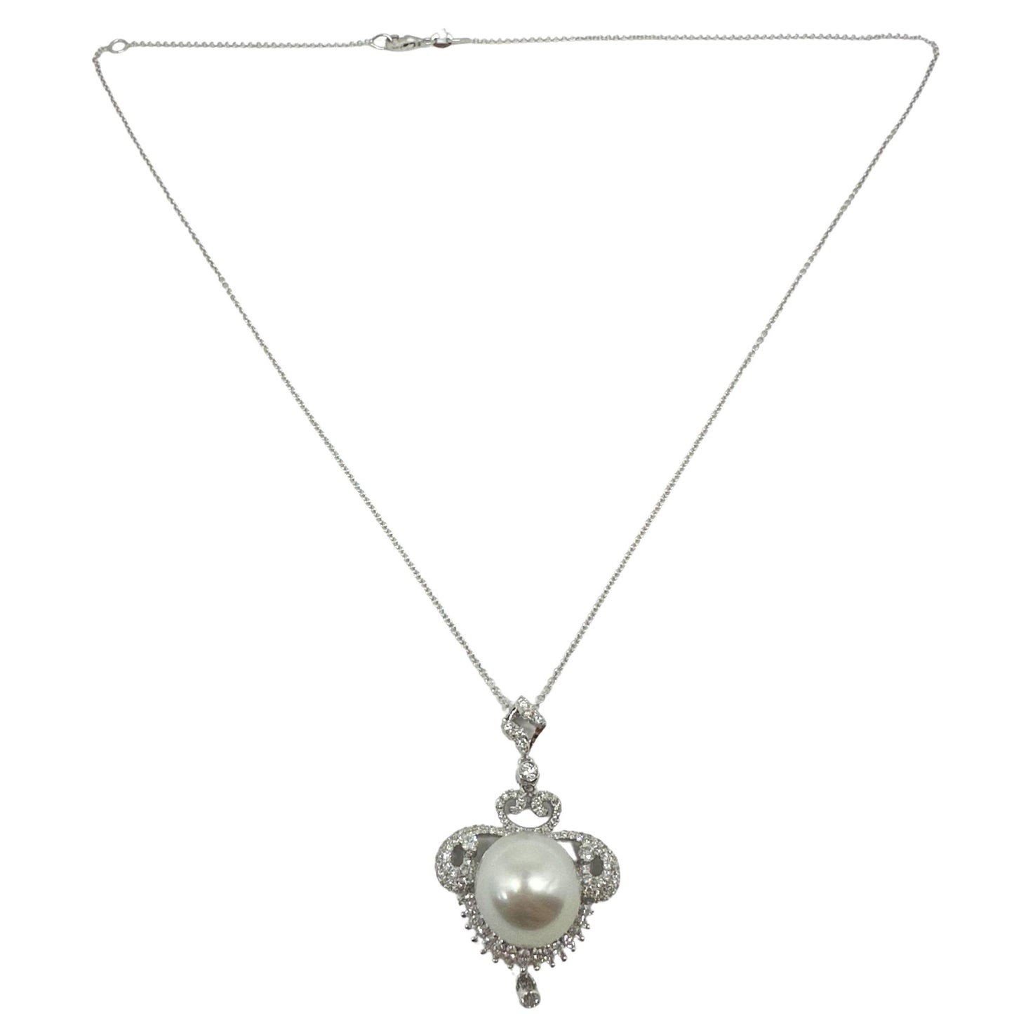 Edwardian-Inspired 18K White Gold Diamond Pearl Pendant Necklace 0.93ct