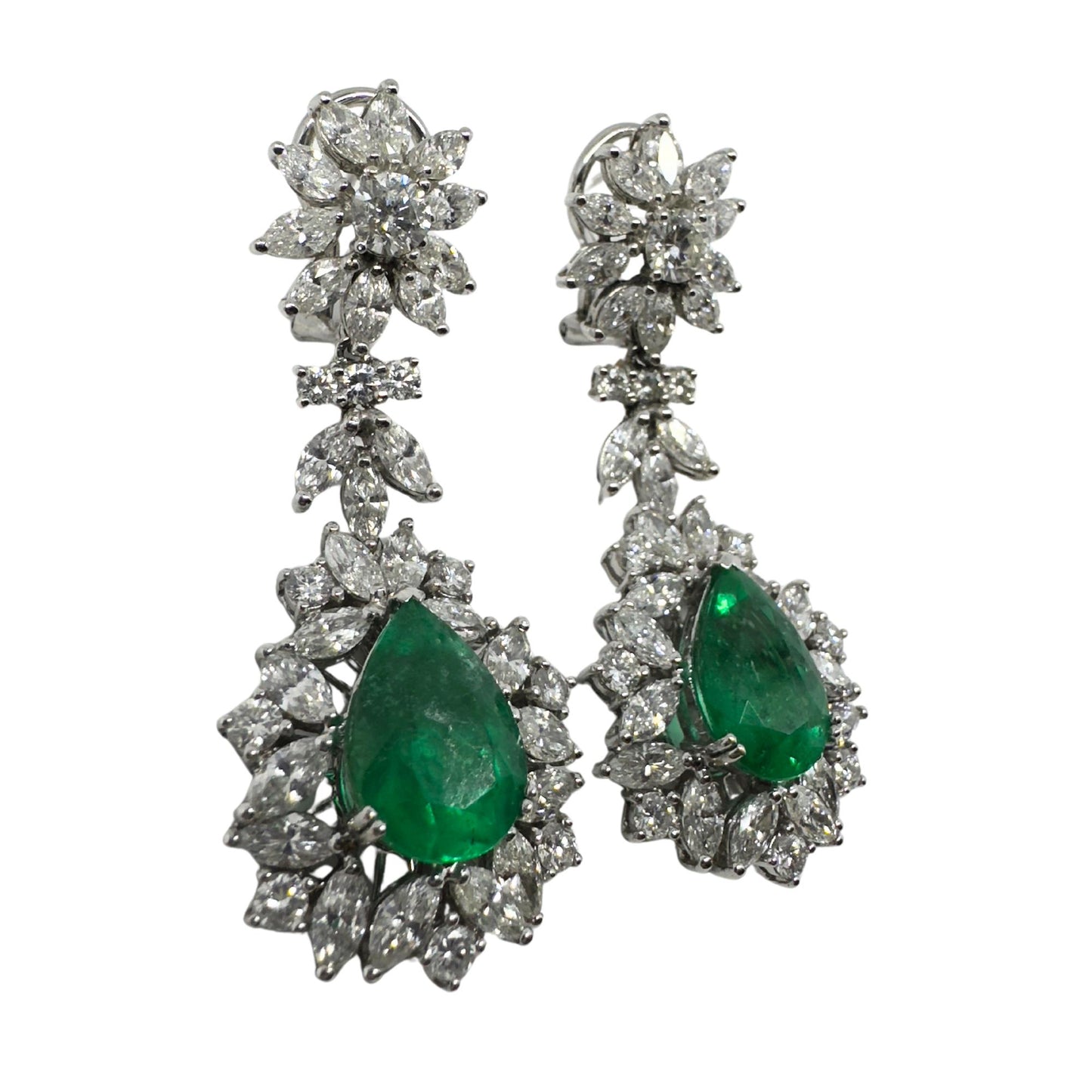 18K White Gold Marquise Cut Diamond and Pear Cut Emerald Drop Earrings