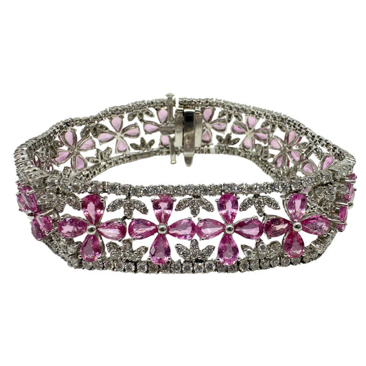 18K White Gold Diamond and Pear Cut Pink Sapphire Flower Bracelet - 7.25 inches