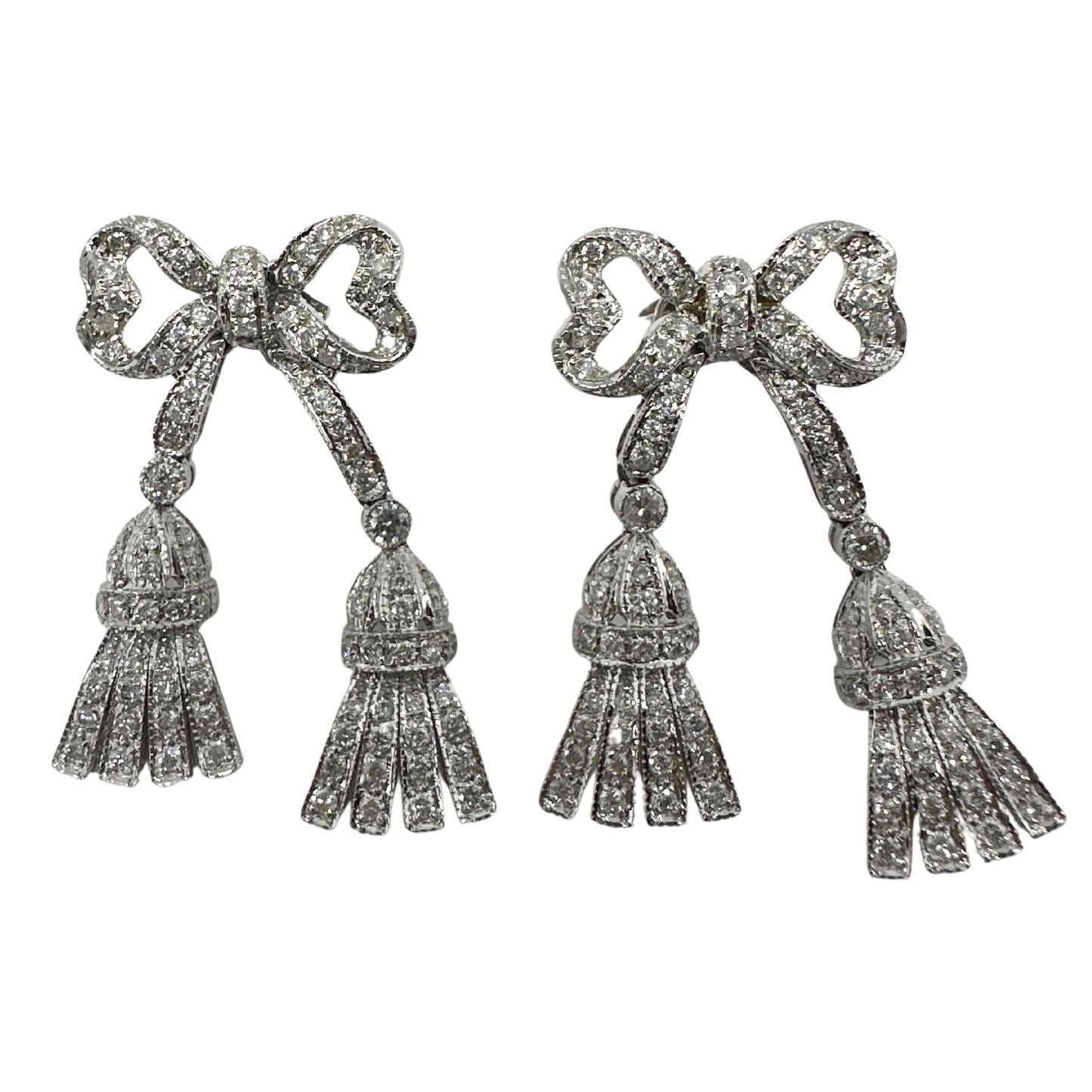 14K White Gold 1.97 Carat Diamond Bow and Tassel Earrings