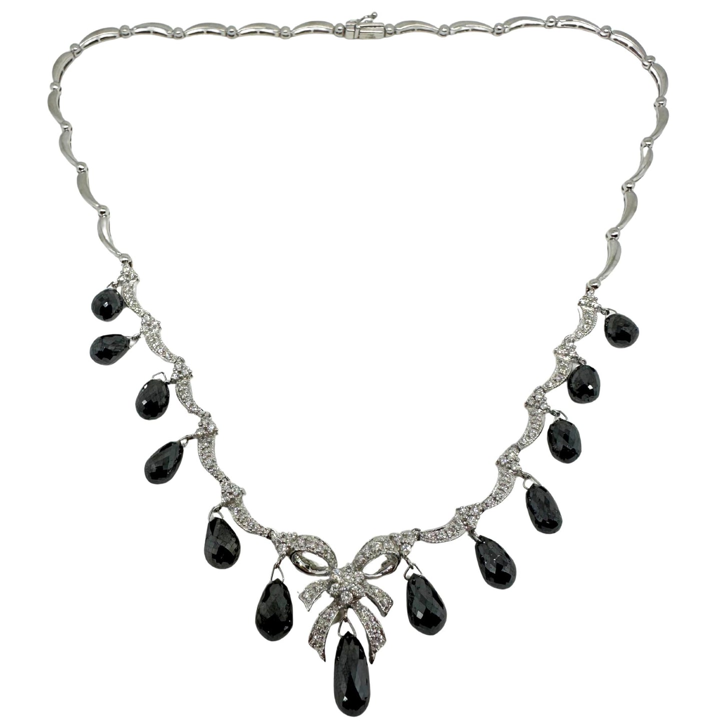 18K White Gold White Diamond and Briolette Black Diamond Bow Necklace