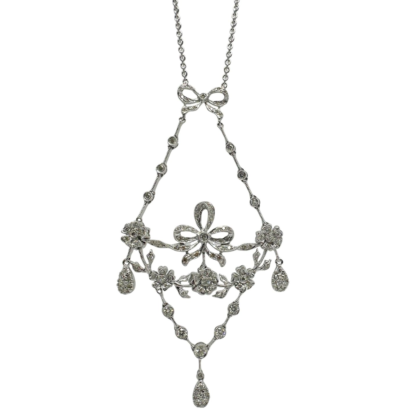 18K White Gold Diamond Bow and Floral Necklace