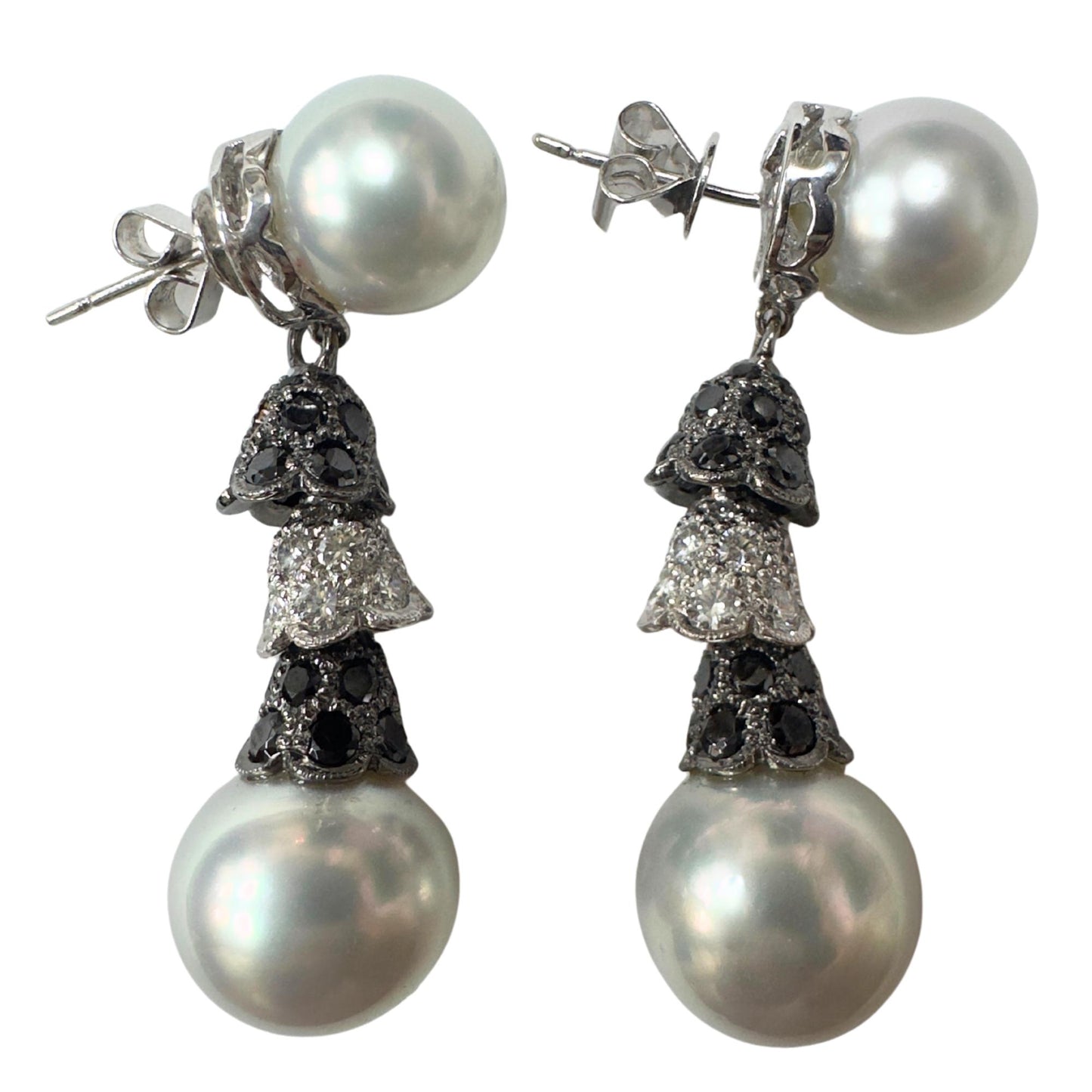 18K White and Black Diamond and Pearl Earrings