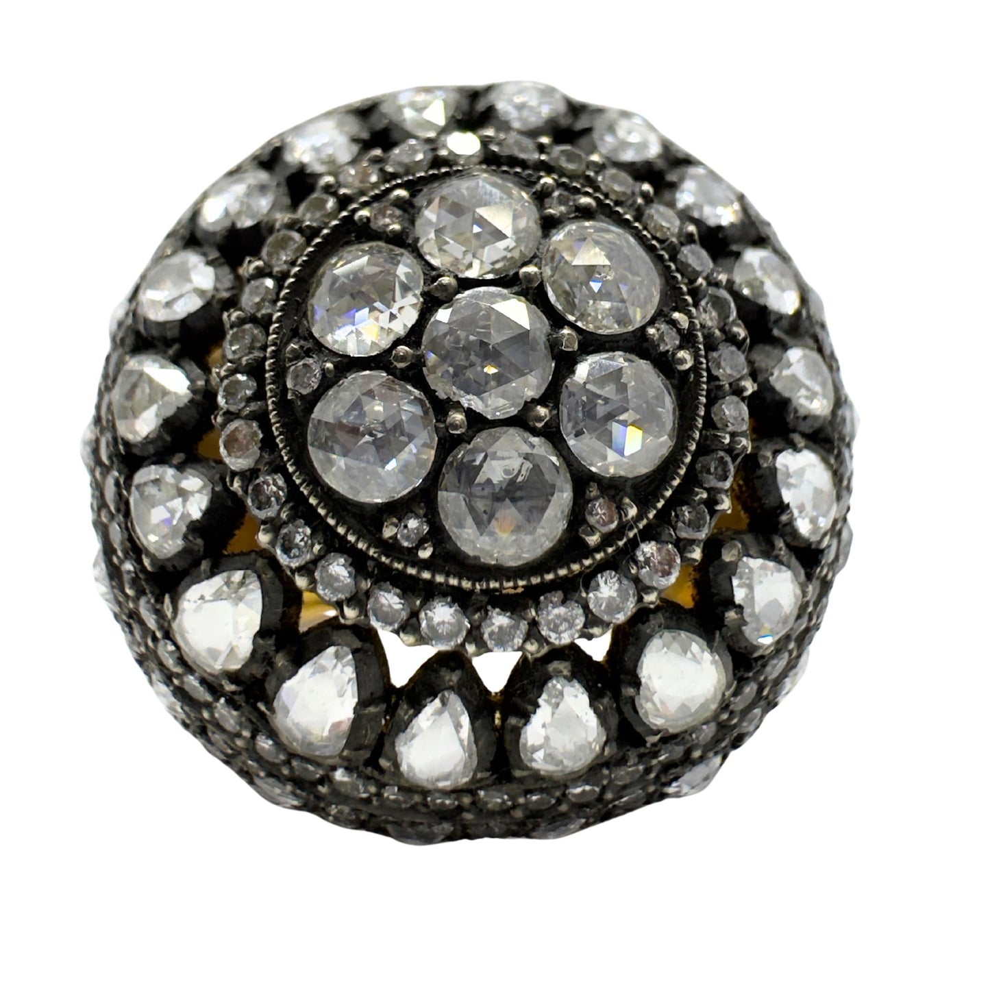 Bold and Heavy 18K Yellow Gold and Silver Top Rose Cut Diamond Cocktail Ring