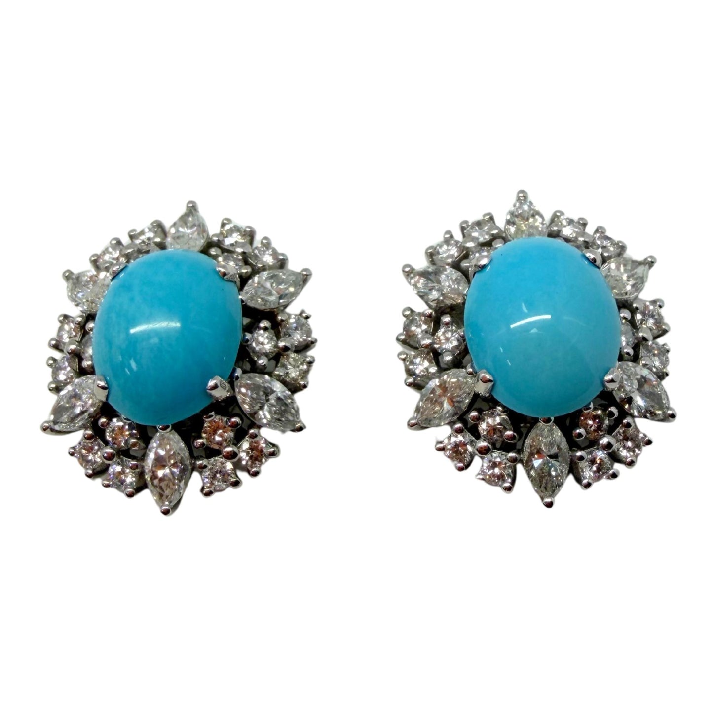 Platinum Marquise Cut 1.75 carat Diamond and Oval Turquoise Halo Stud Earrings