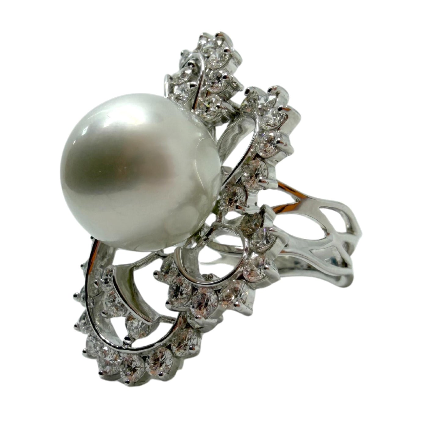 18K White Gold 2.48 Carat Diamond and Pearl Cocktail Ring - Size 7.5