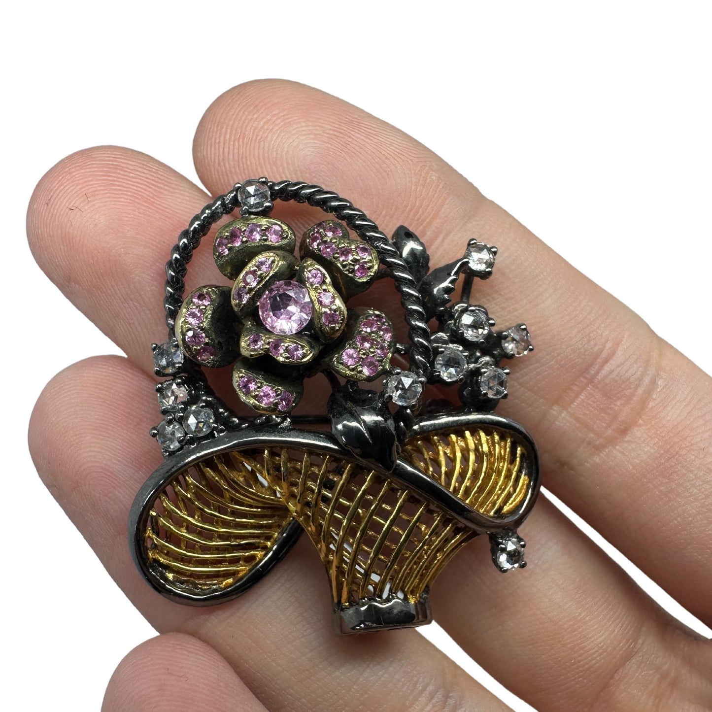 18K Rose Cut Diamond and Pink Sapphire Flower Basket Brooch