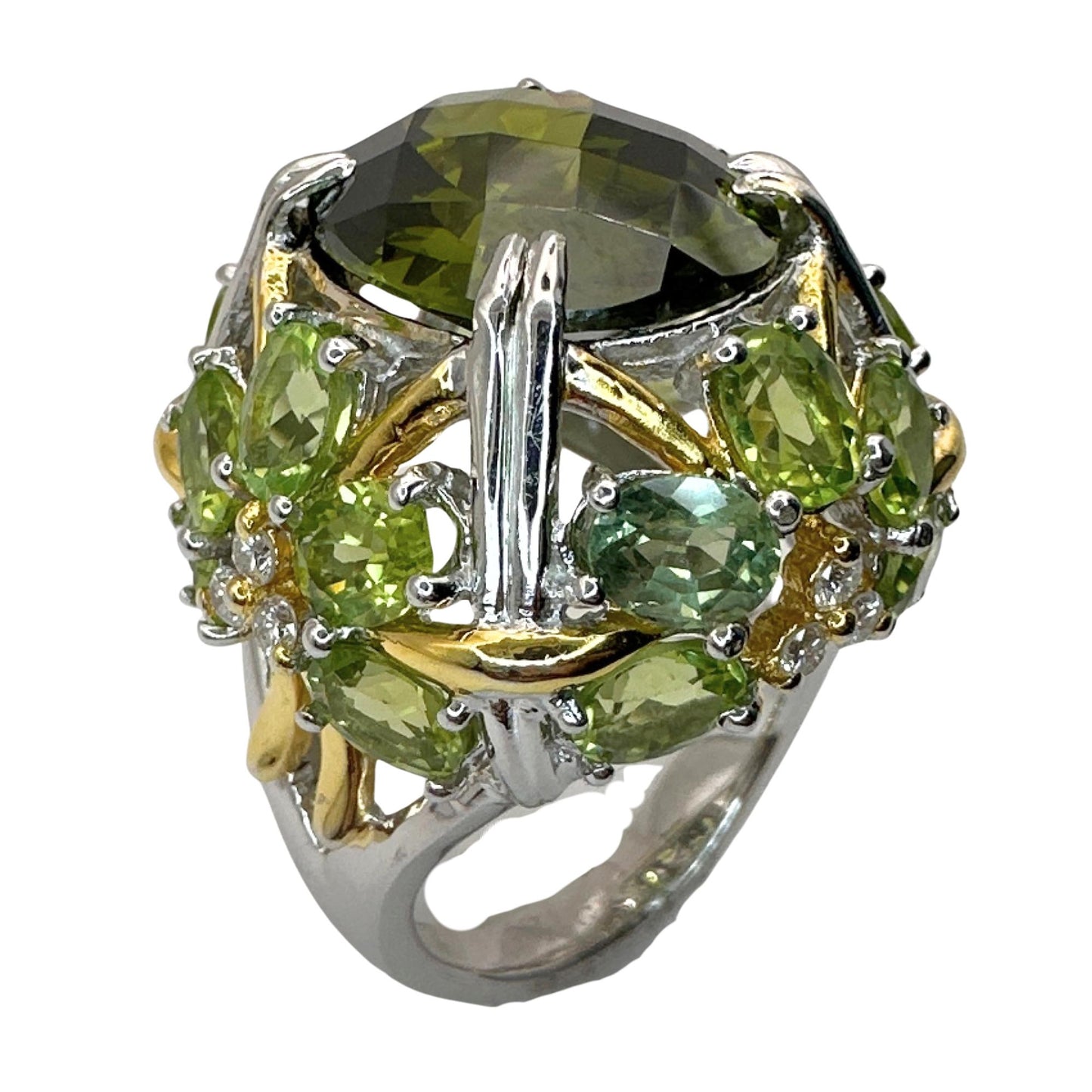 18k Diamond and Green Stone Center Cocktail Ring
