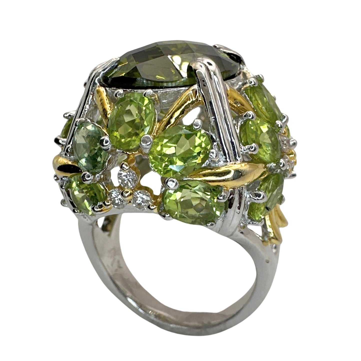 18k Diamond and Green Stone Center Cocktail Ring
