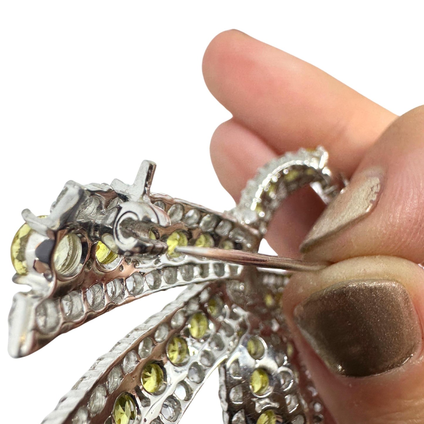 18K White Gold Rose Cut Diamond and Yellow Sapphire Bow Brooch