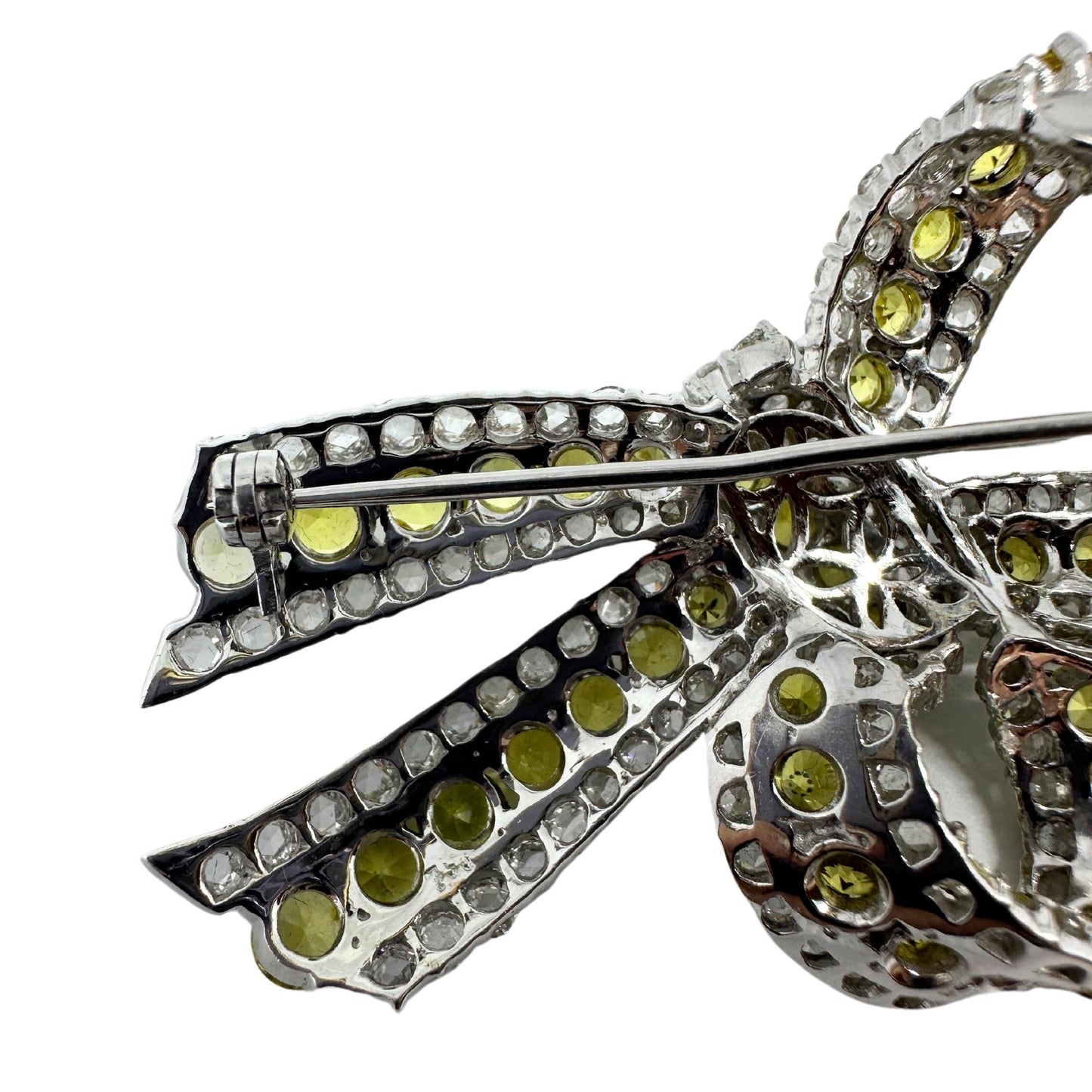 18K White Gold Rose Cut Diamond and Yellow Sapphire Bow Brooch