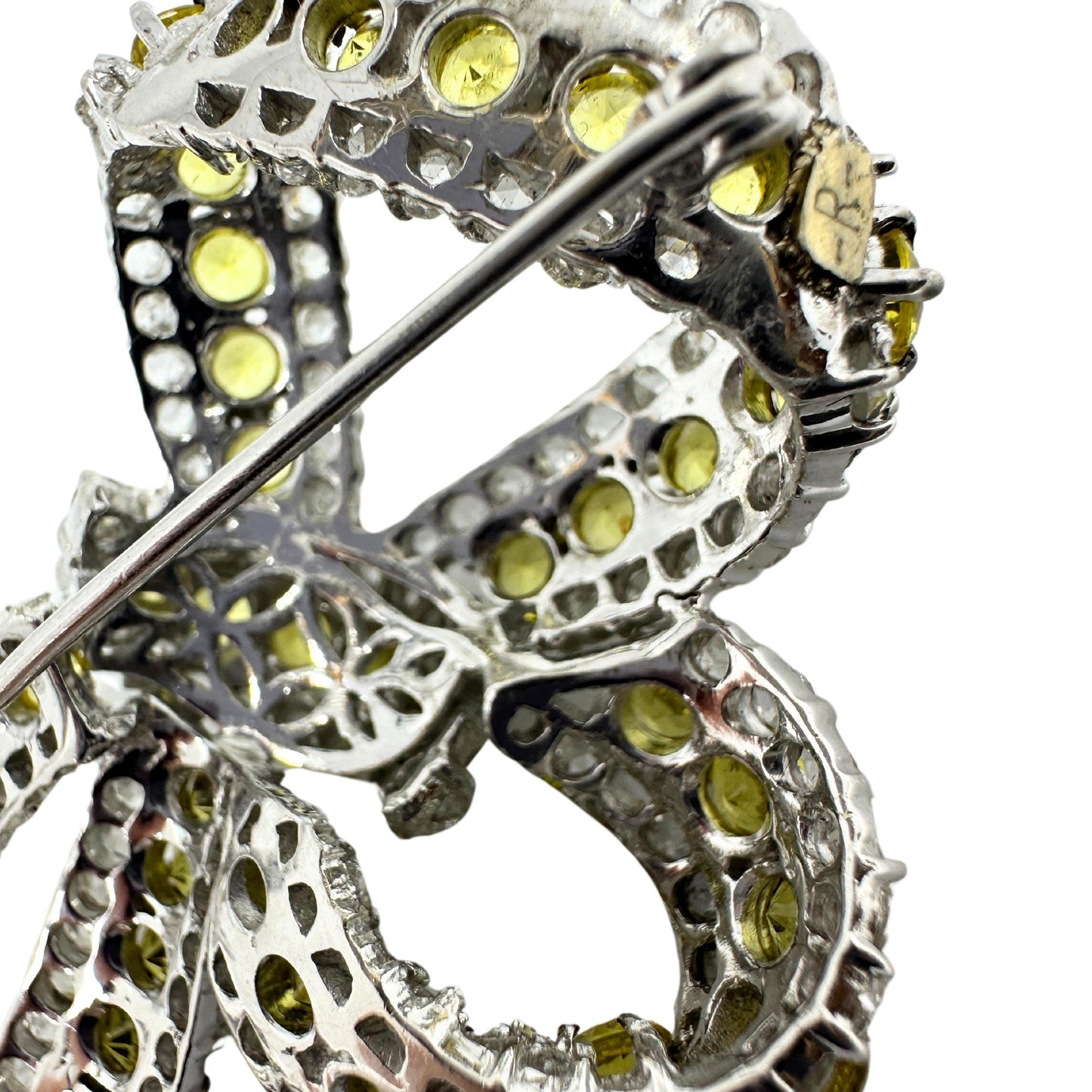 18K White Gold Rose Cut Diamond and Yellow Sapphire Bow Brooch