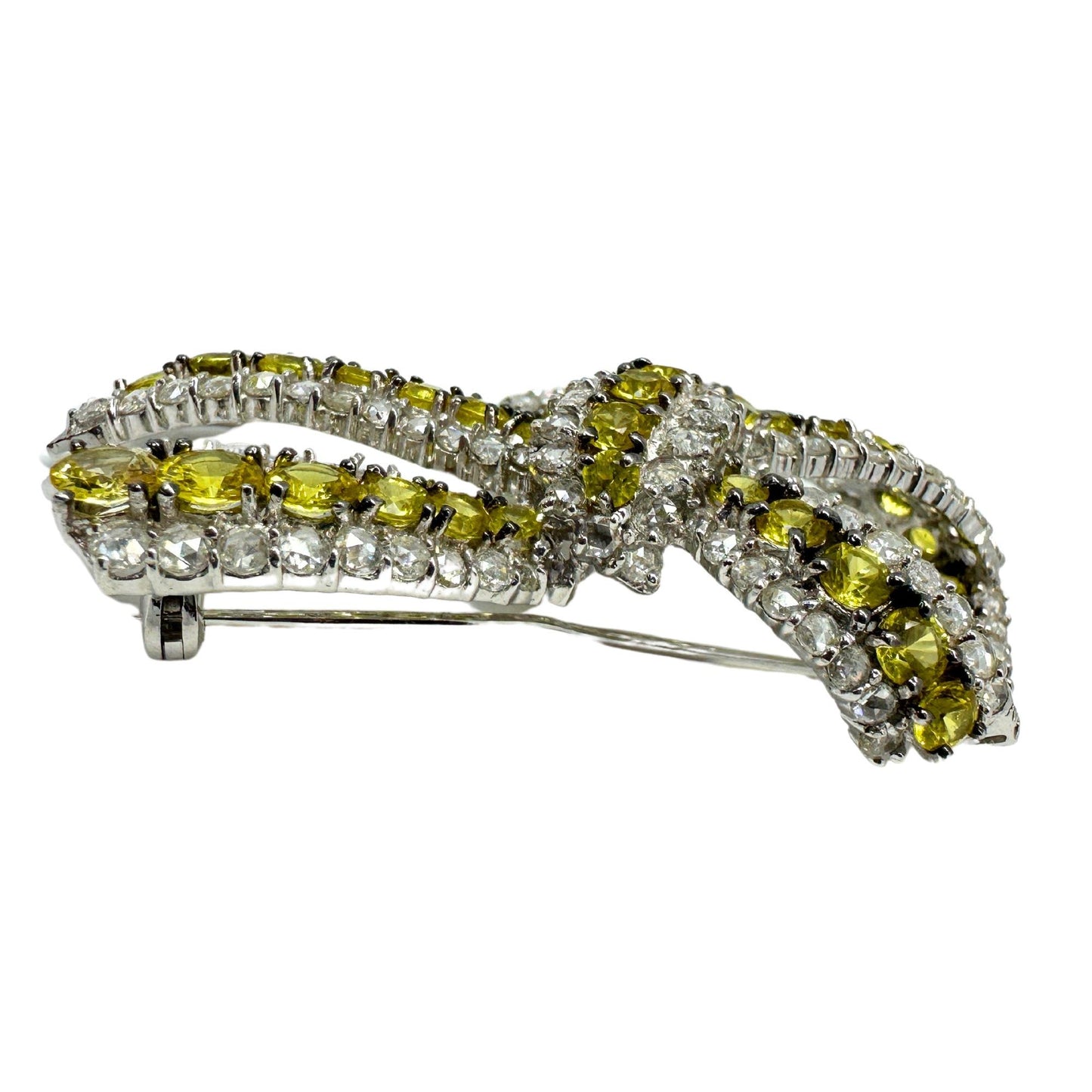 18K White Gold Rose Cut Diamond and Yellow Sapphire Bow Brooch