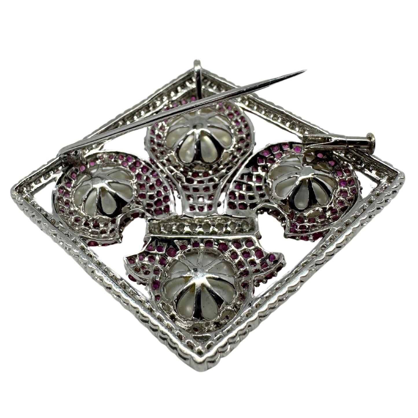 18K White Gold Diamond, Multicolor Sapphire and Pearl Brooch and Pendant