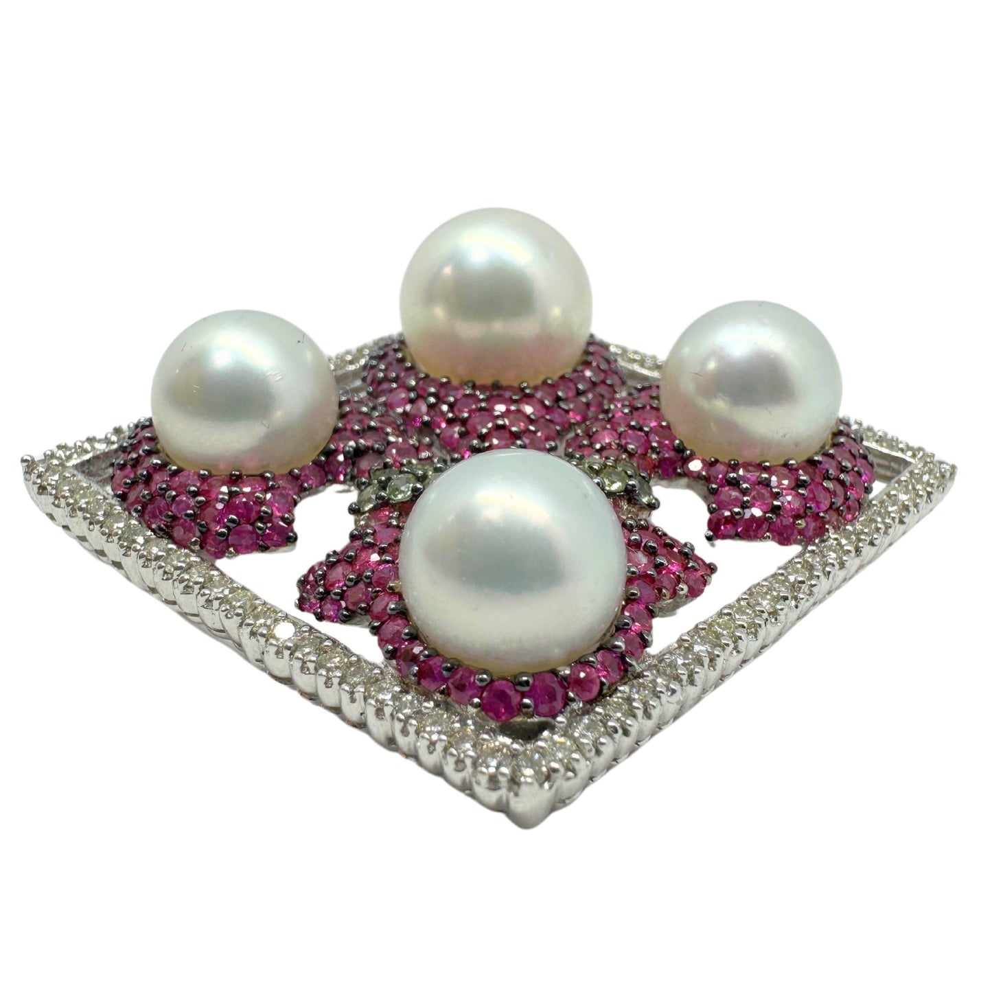 18K White Gold Diamond, Multicolor Sapphire and Pearl Brooch and Pendant