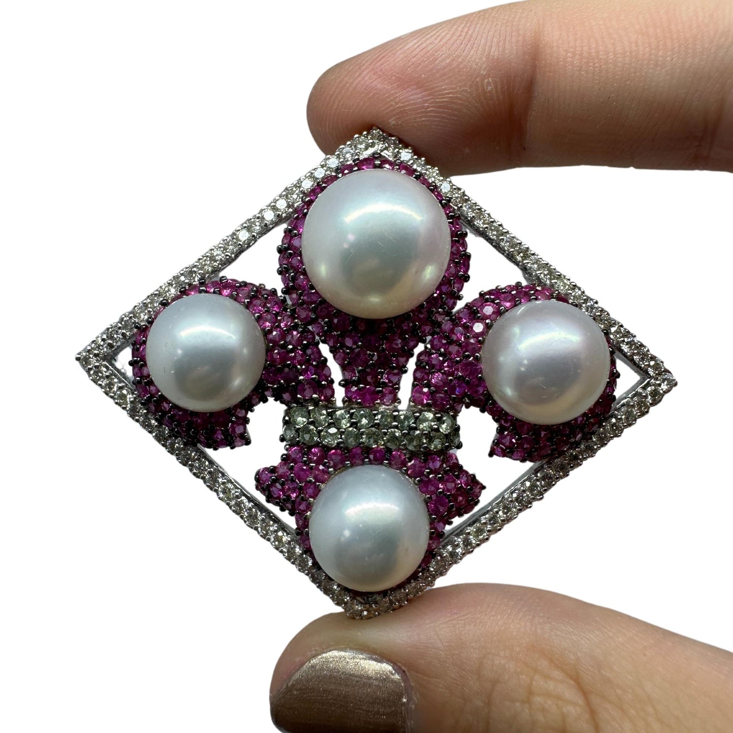 18K White Gold Diamond, Multicolor Sapphire and Pearl Brooch and Pendant