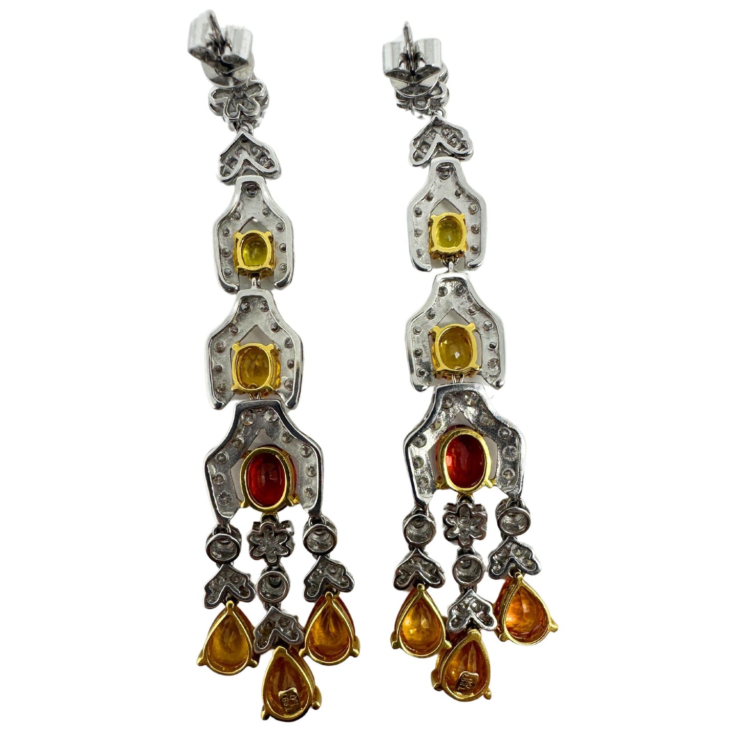 18k White Gold Diamond, Orange and Yellow Sapphire Drop Earrings