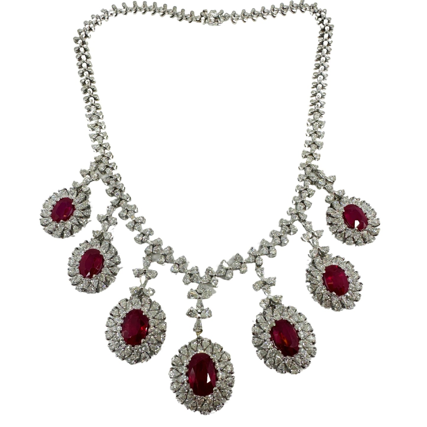 18K White Gold Pear Cut Diamond and African Ruby Necklace