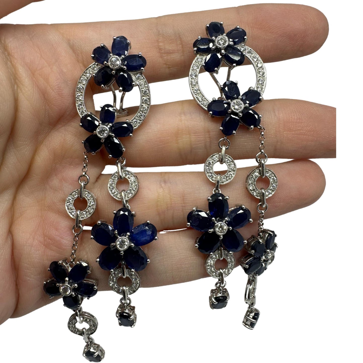 14K White Gold Diamond and Sapphire Flower Drop Earrings