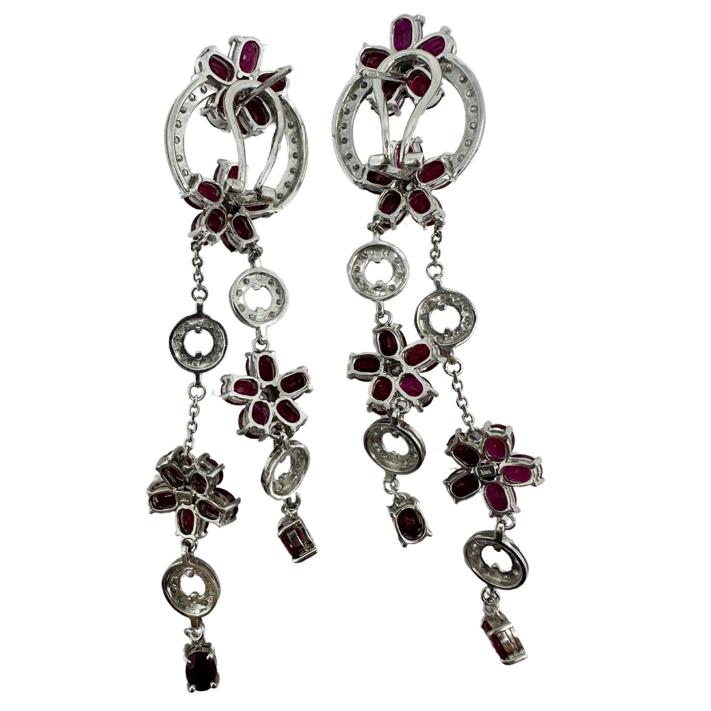 14K White Gold Diamond and Ruby Flower Drop Earrings