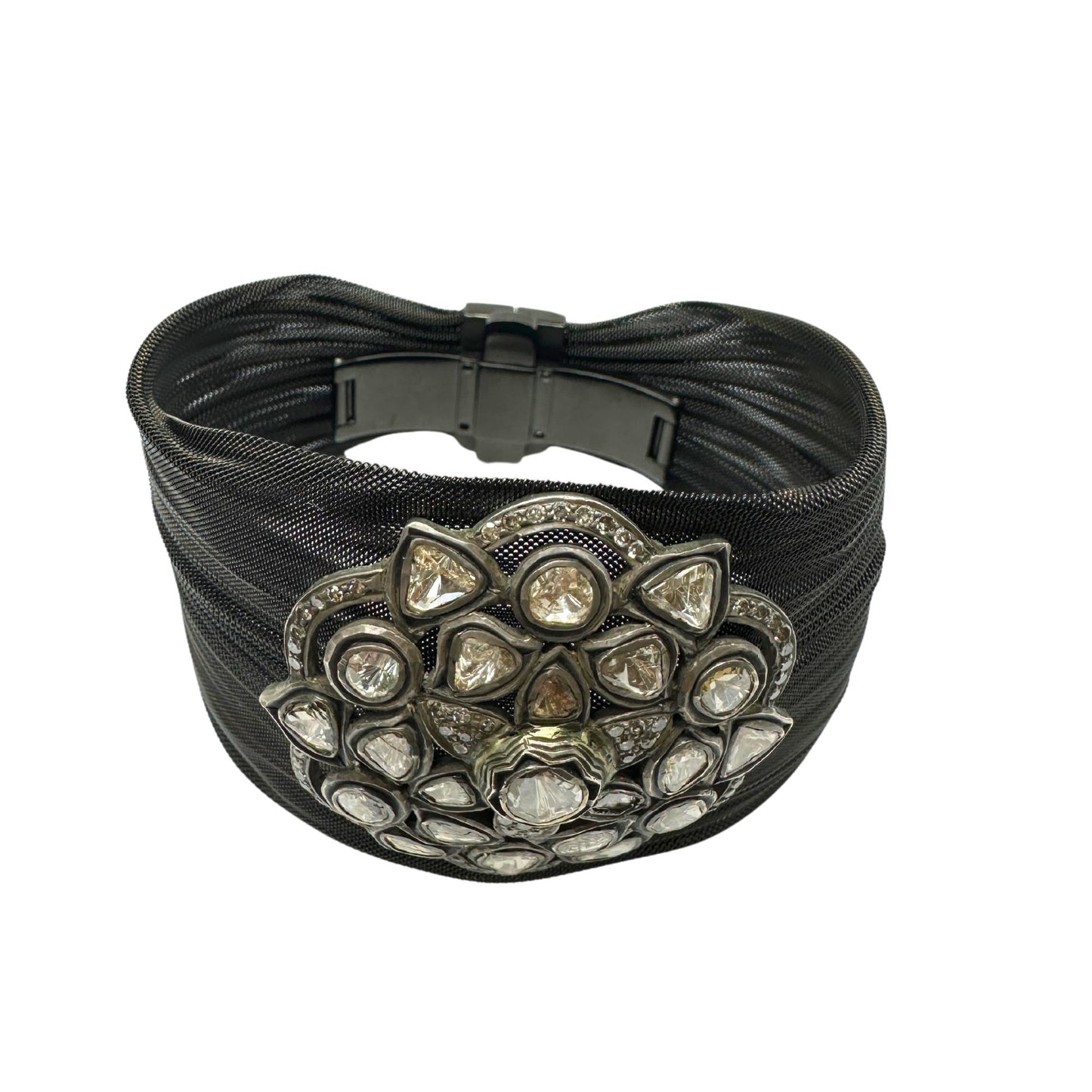 14K, Silver and Blackened Steel Mesh Rose Cut Diamond Bracelet