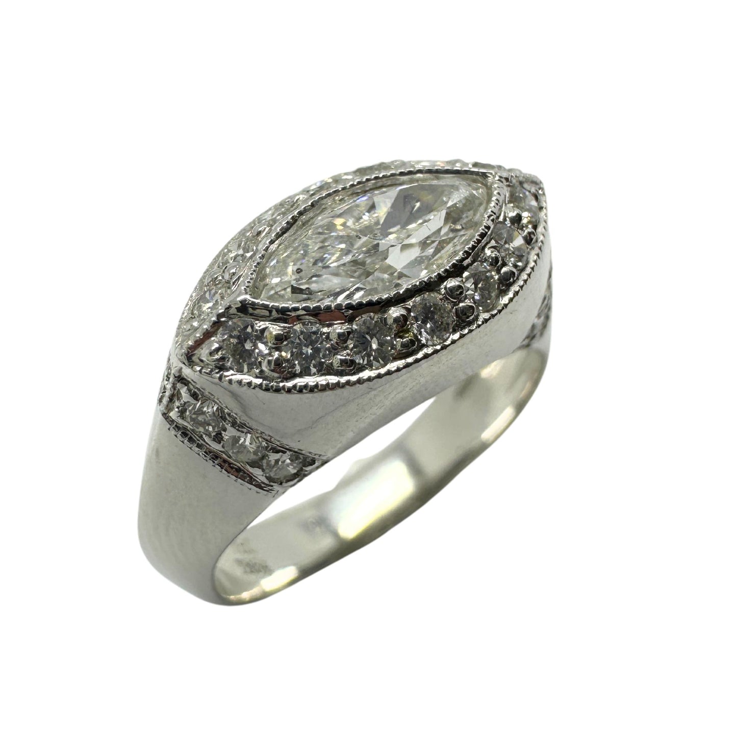 18k East-West Marquise Shaped Diamond Center Ring with Diamond Halo Ring