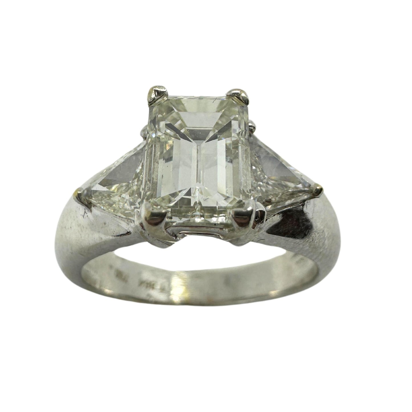 18K White Gold Emerald and Trillion Cut Diamond Three Stone Ring