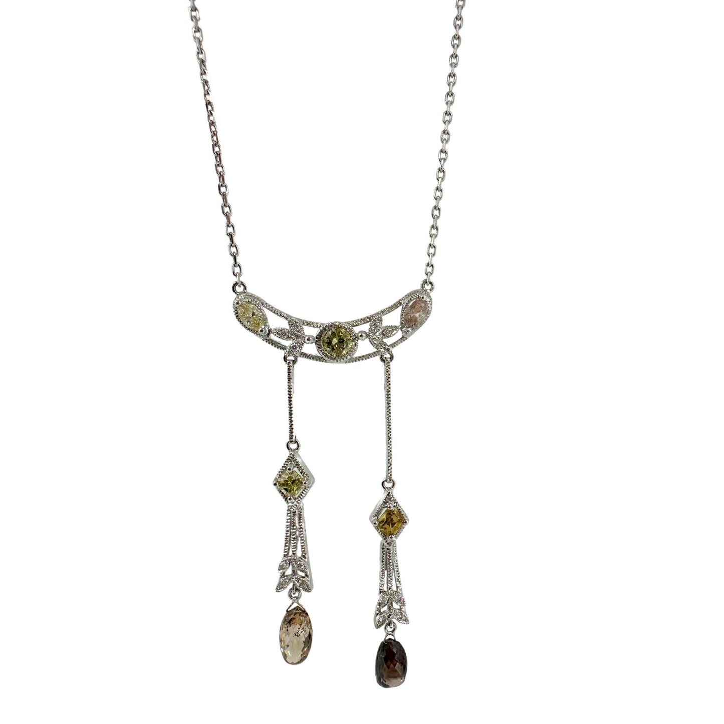18k White Gold Multicolor Diamond and Brown Briolette Necklace