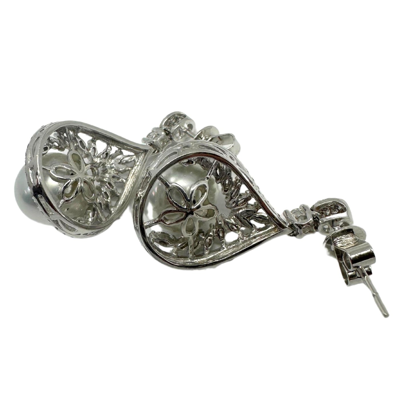 18K White Gold Marquise Cut Diamond and Pearl Earrings