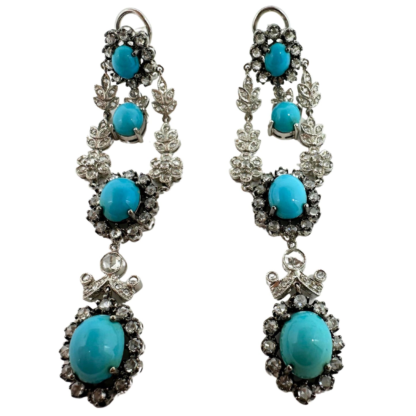 18K White Gold Rose Cut Diamond and Persian Turquoise Drop Earrings