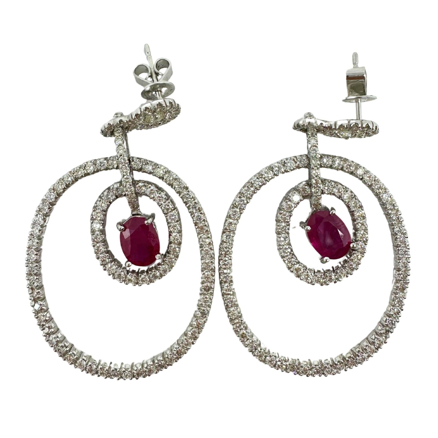 18K White Gold Diamond and Oval Ruby Drop Earrings
