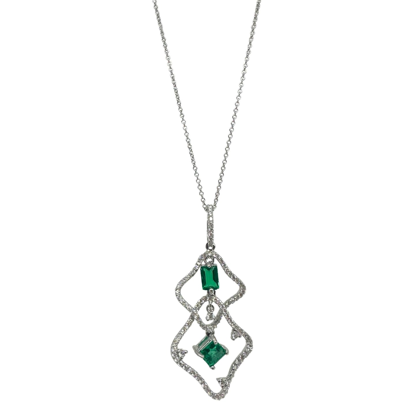 18K White Gold Diamond and Emerald Pendant Necklace