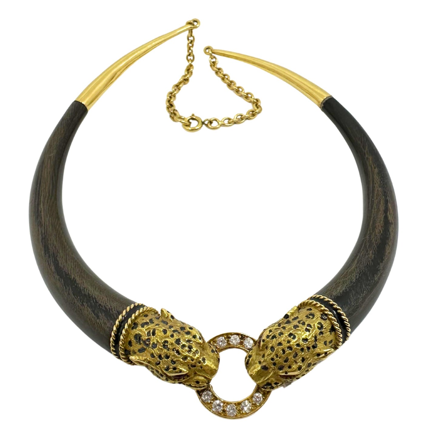 1960's French 18K Yellow Gold, Wood, Enamel, Ruby and Diamond Leopard Necklace