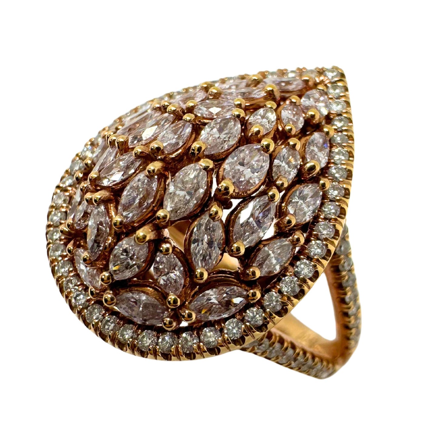 18K Rose Gold Marquise Cut Pink and White Diamond Tear Drop Dome Ring