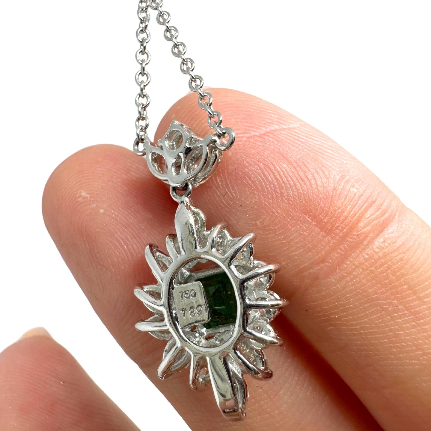 18K White Gold Diamond and Marquise Cut Emerald Pendant Necklace