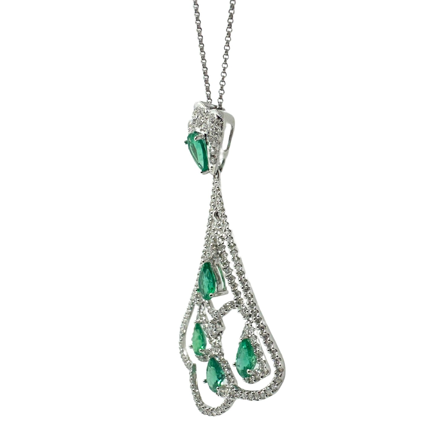 18K White Gold Diamond and Pear Cut Emerald Pendant Necklace
