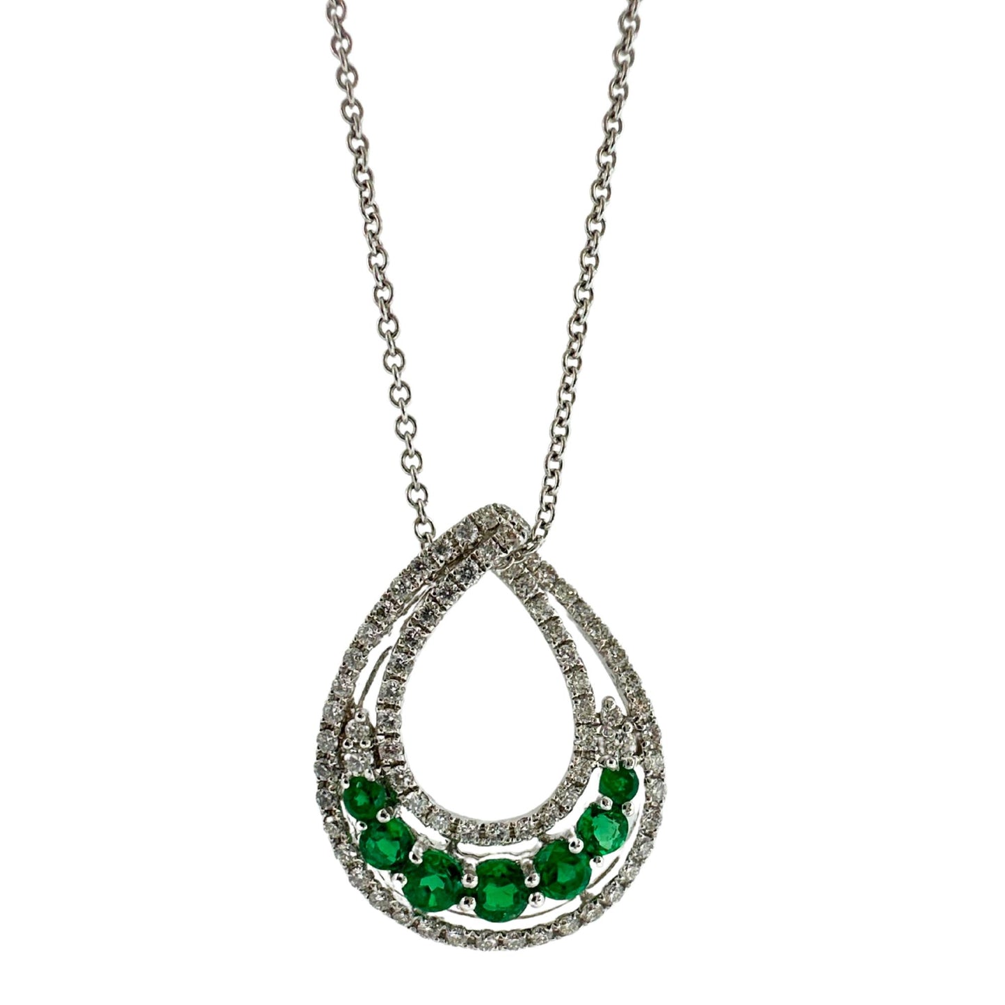 18k White Gold Diamond and Emerald Pendant Necklace