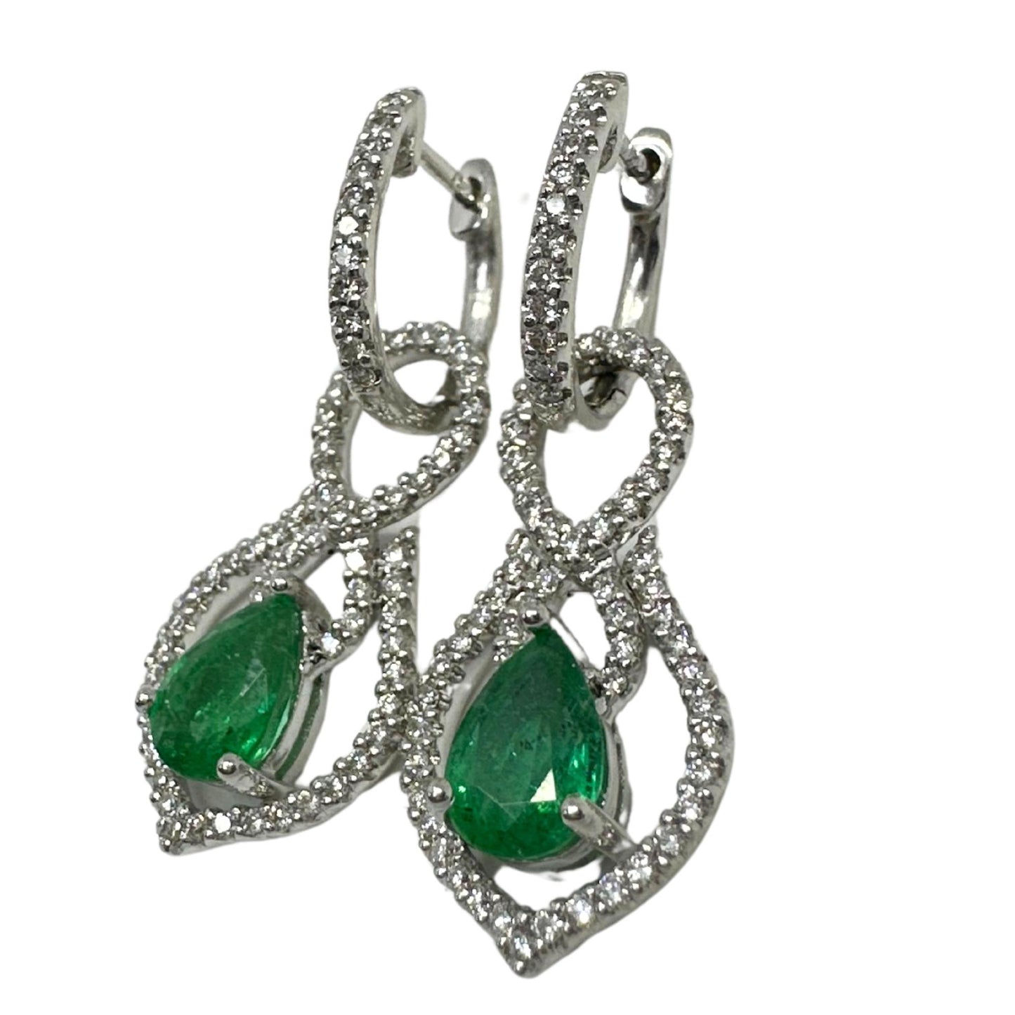 18K White Gold Diamond and Pear Cut Emerald Convertible Earrings