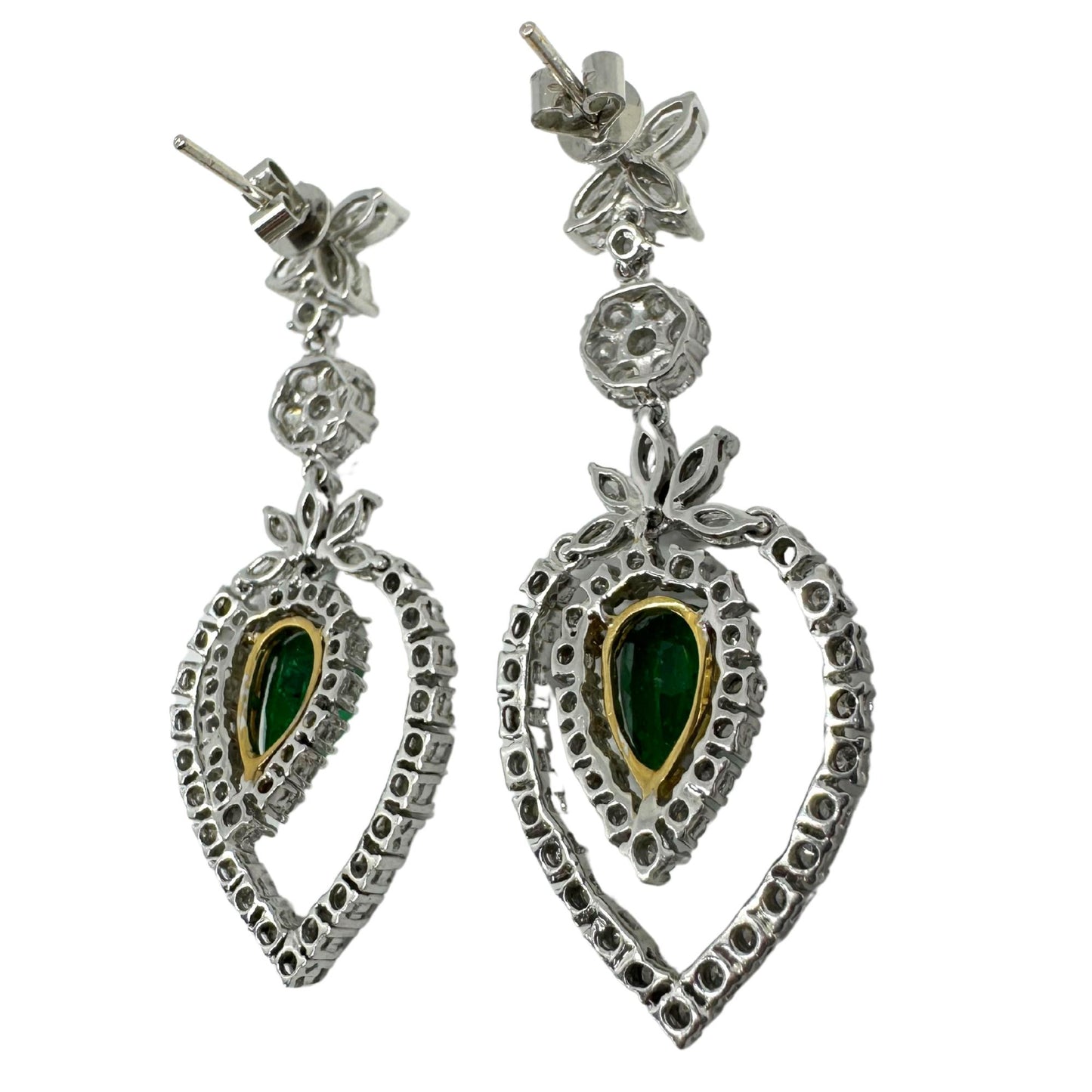 18K Two Tone Diamond and Pear Cut Emerald Drop Earrings