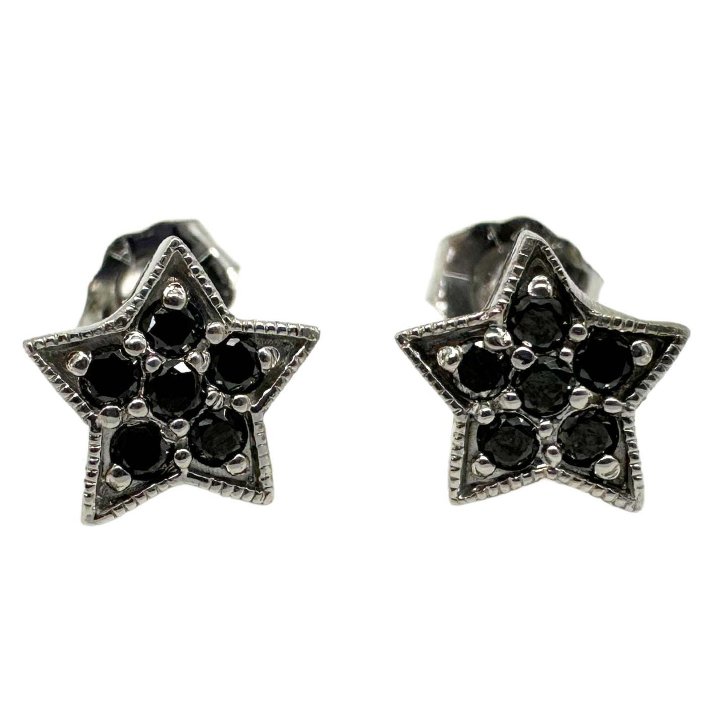 18K White Gold Black Diamond Star Studs with 14K White Gold Backing