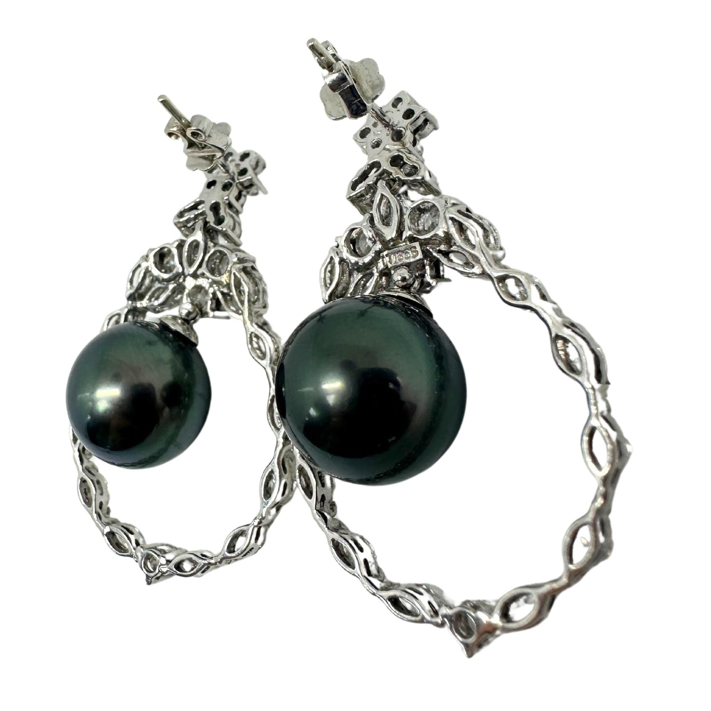18K White Gold Diamond and Black Pearl Drop Earrings