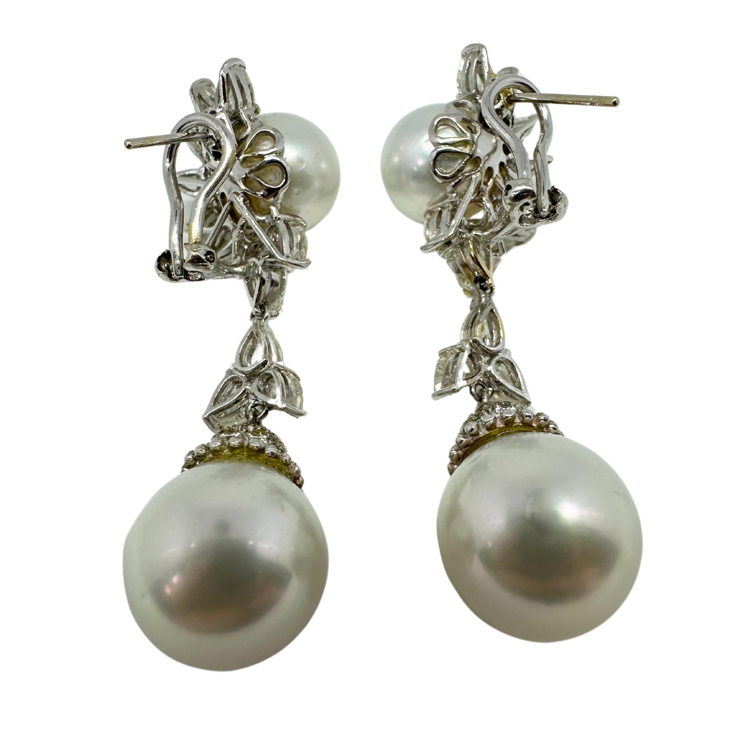 18K White Gold Pear Cut Diamond and Pearl Sunburst Drop Earrings