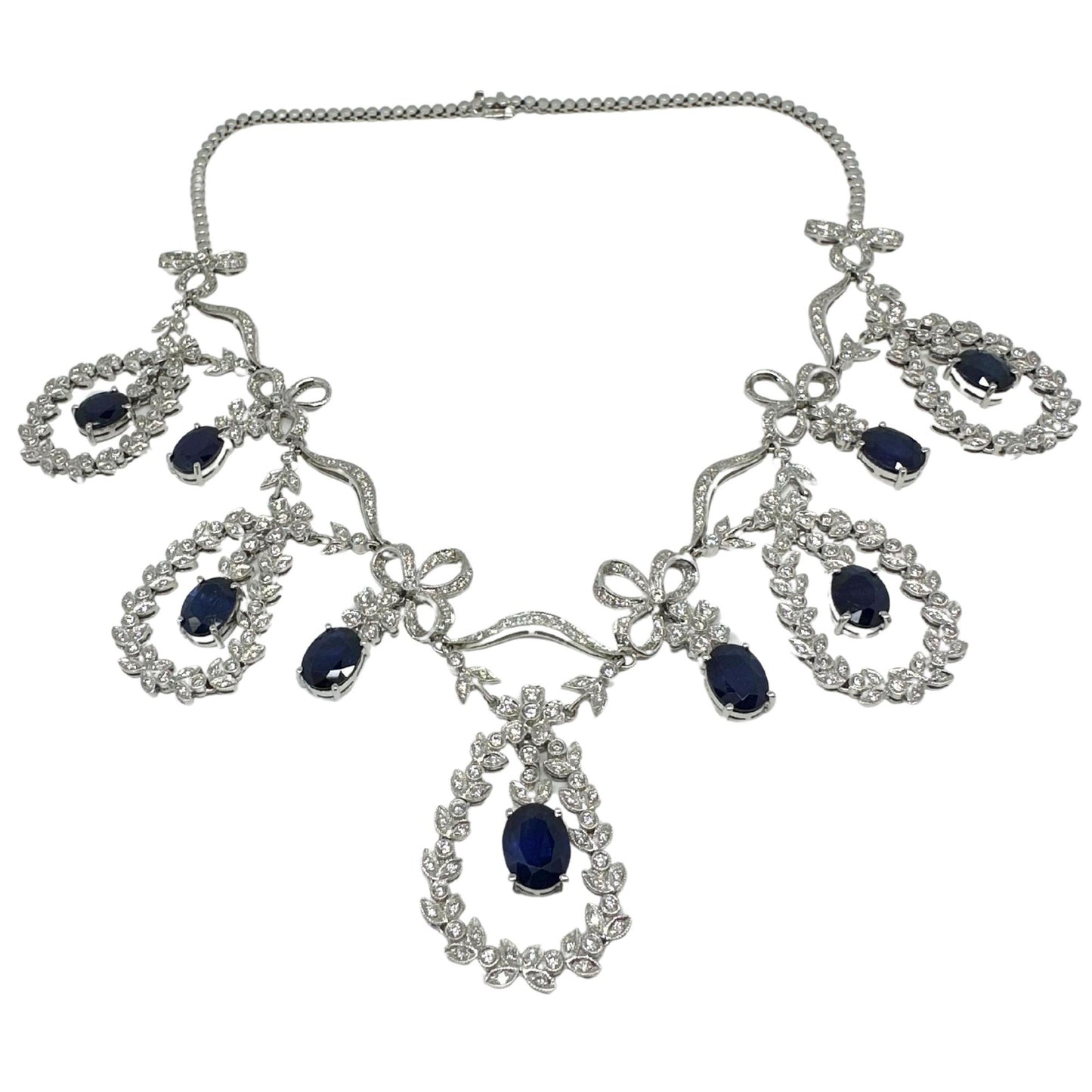 18K White Gold Diamond and Blue Sapphire Necklace