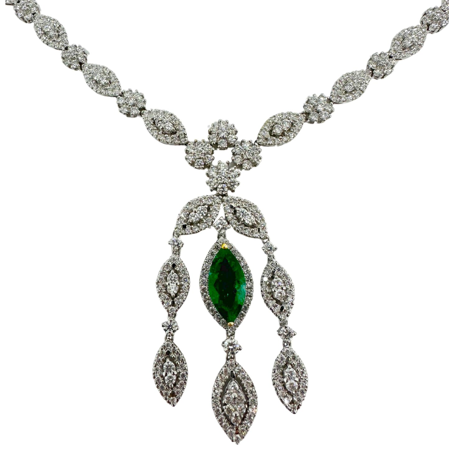18K White Gold Diamond and Marquise Cut Emerald Drop Necklace