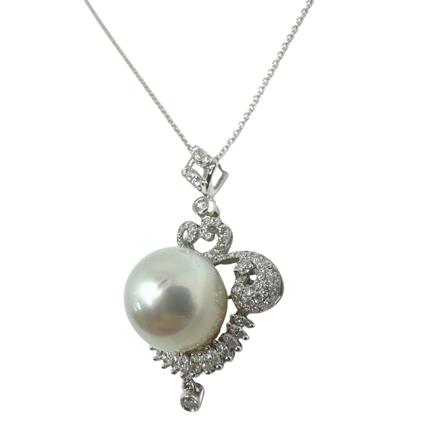 Edwardian-Inspired 18K White Gold Diamond Pearl Pendant Necklace 0.93ct